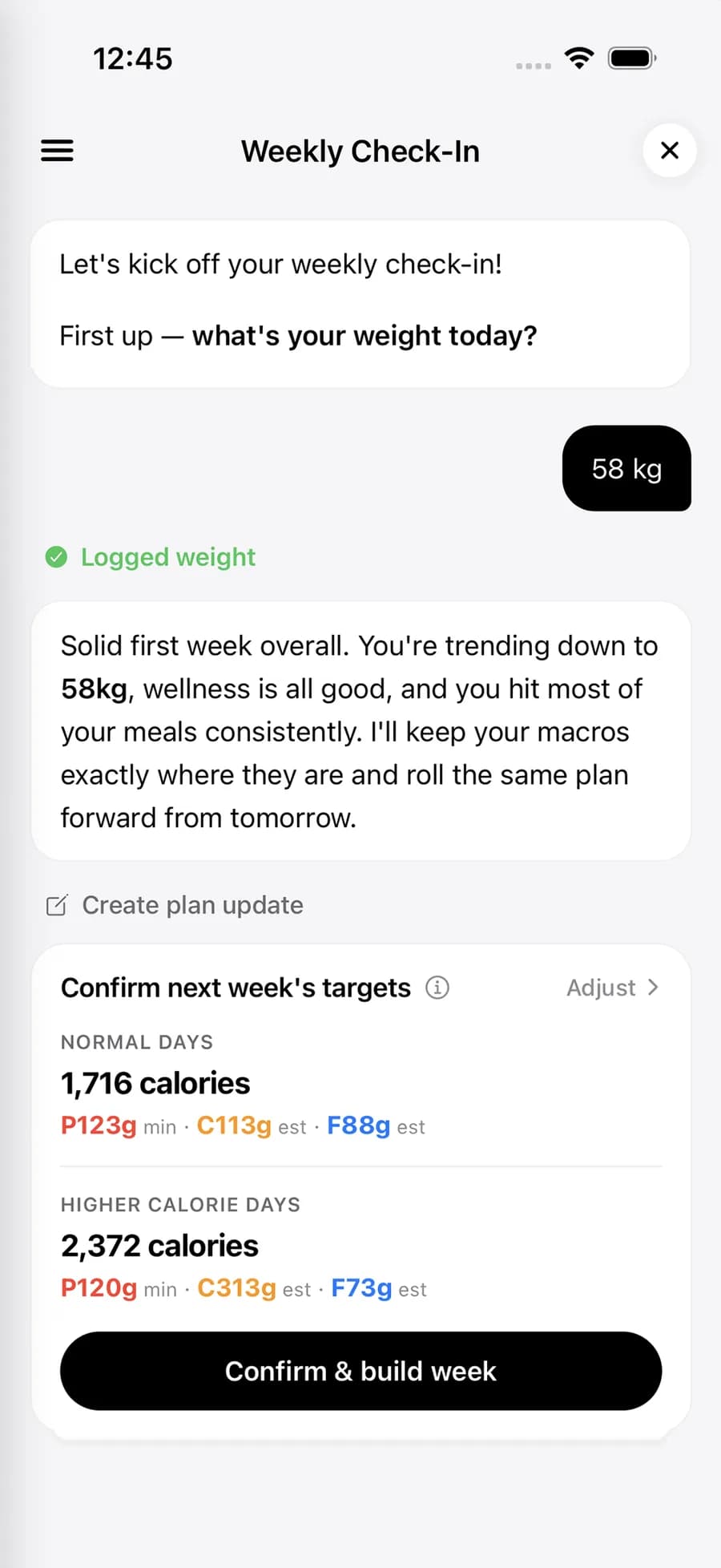 Meal Engine updating calorie and macro targets after a weekly check-in