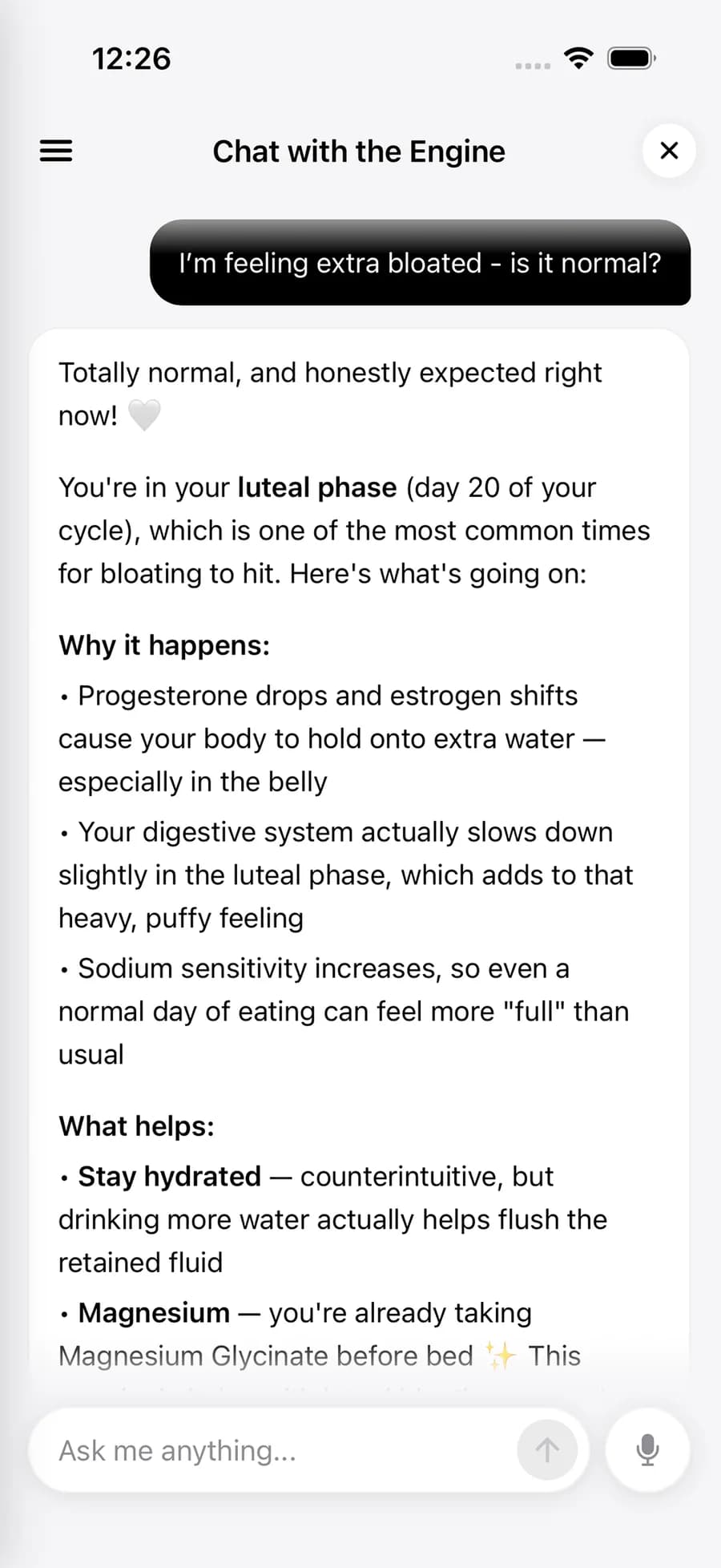 Chatting with the Engine, Meal Engine’s AI diet coach, about progress inside the app