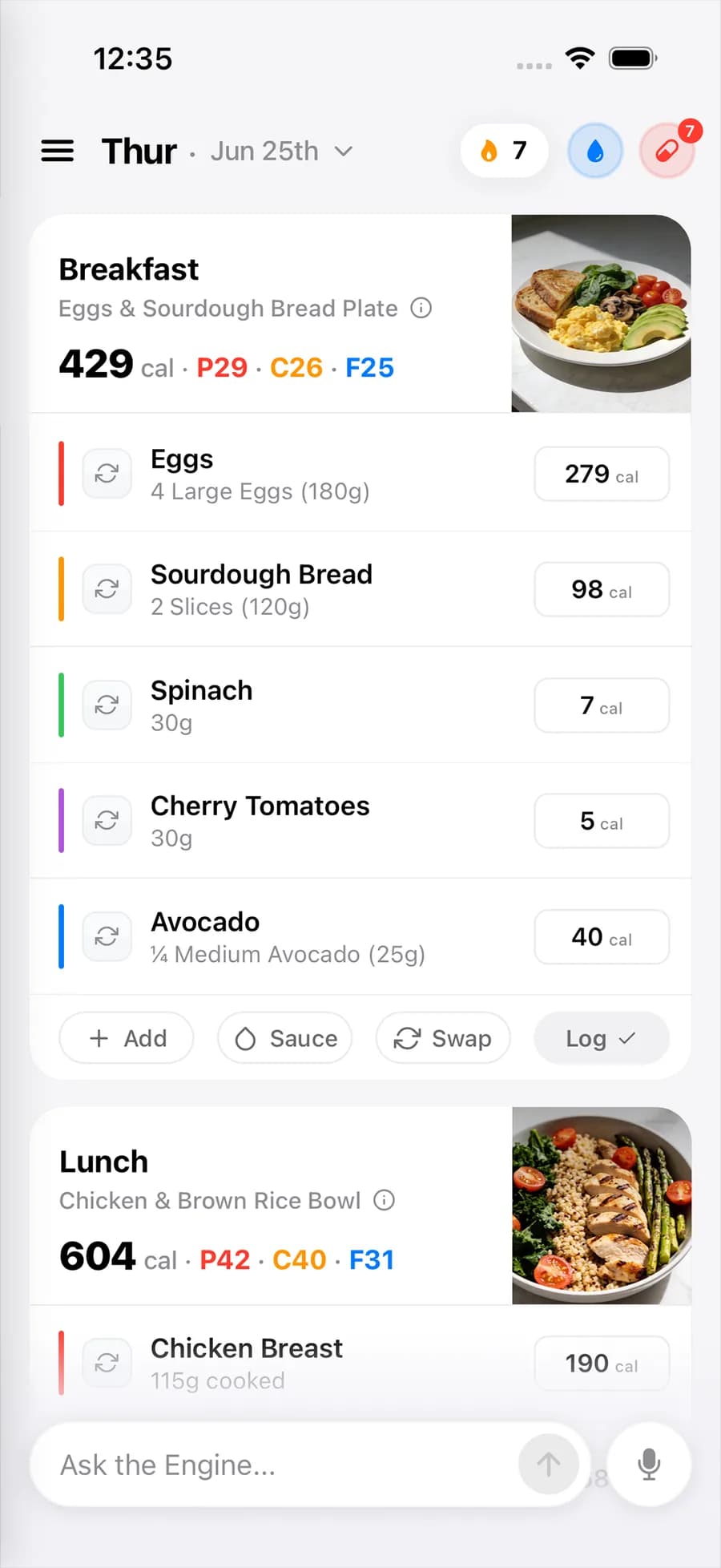 Meal Engine PLAN mode — a done-for-you daily meal plan with portions and recipes