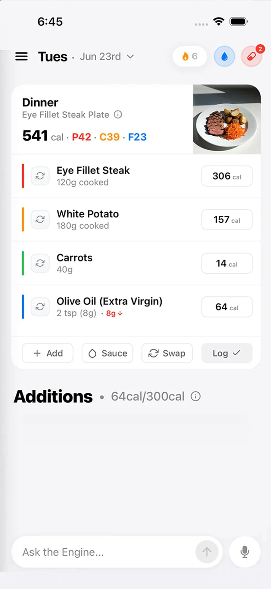 Meal Engine showing a logged snack with verified nutrition values and the day rebalancing around it