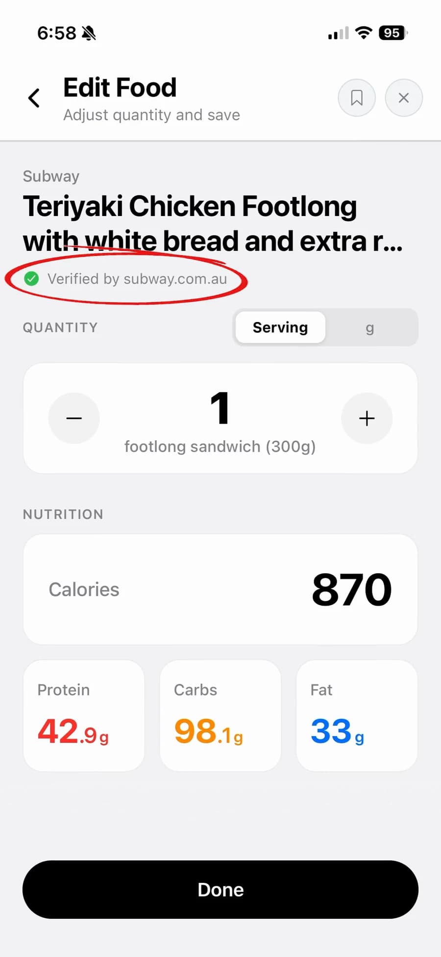 A Subway footlong logged in Meal Engine, with its “Verified by subway.com.au” source badge circled above the calories and macros