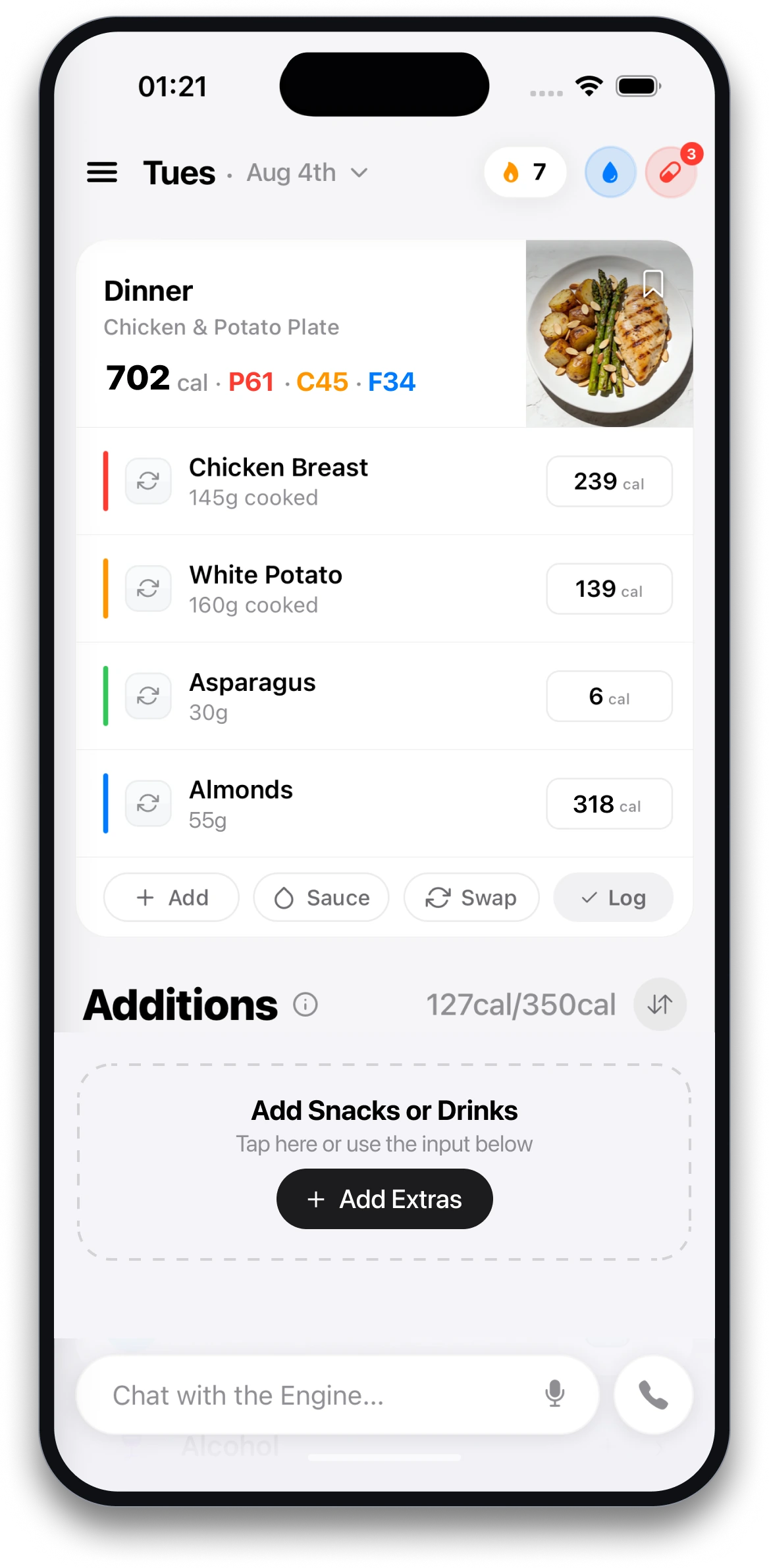A chocolate snack is added, the remaining PLAN portions and totals adjust together, and the coach explains the change.