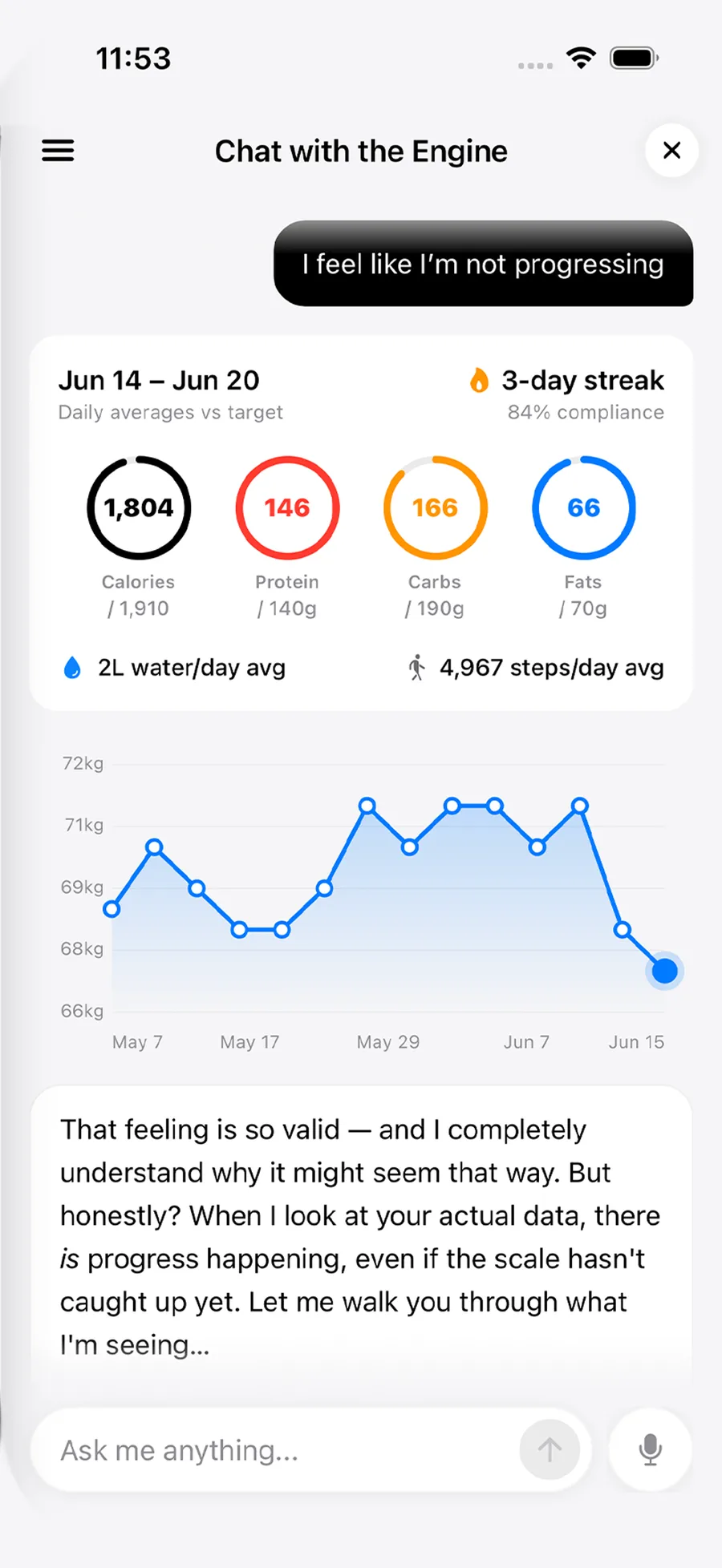 Chat with the Engine showing a weight trend and a coaching reply