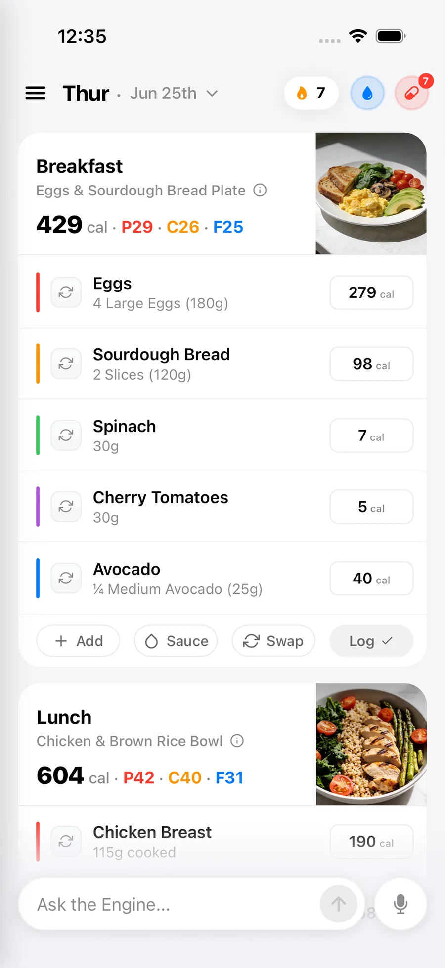 Meal Engine PLAN home screen showing a structured day of meals