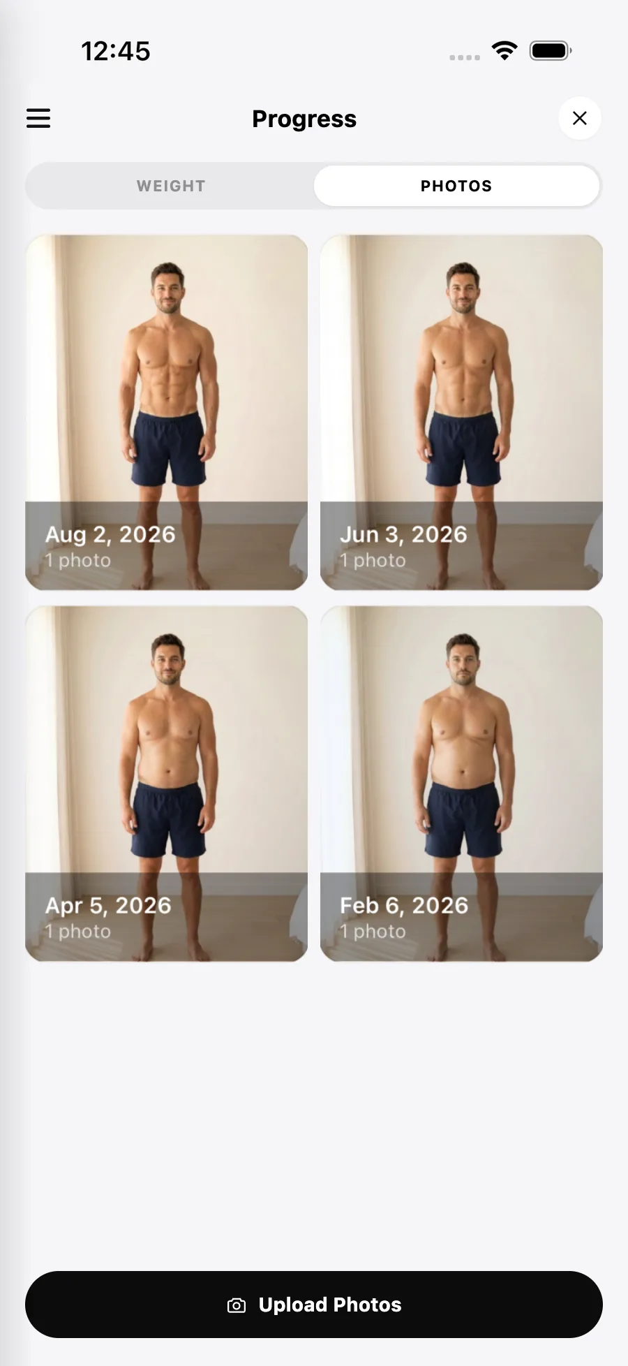 Meal Engine progress photo grid showing change across months