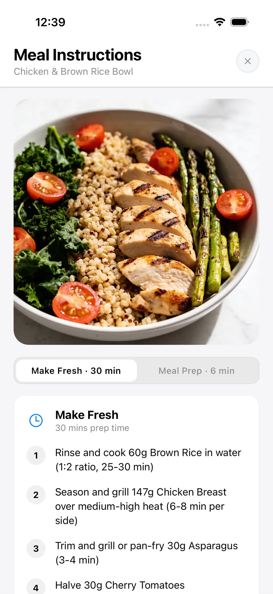 Meal Engine recipe screen with ingredients and cooking instructions