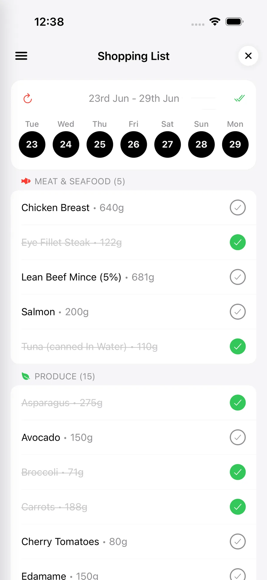 Meal Engine weekly shopping list screen